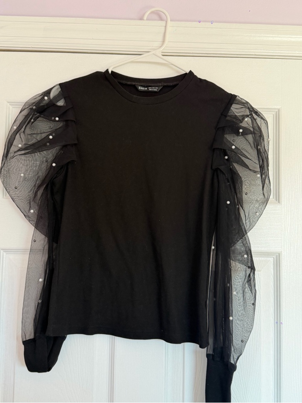 SHEIN Black Puff Sleeve Top with Pearl Beads